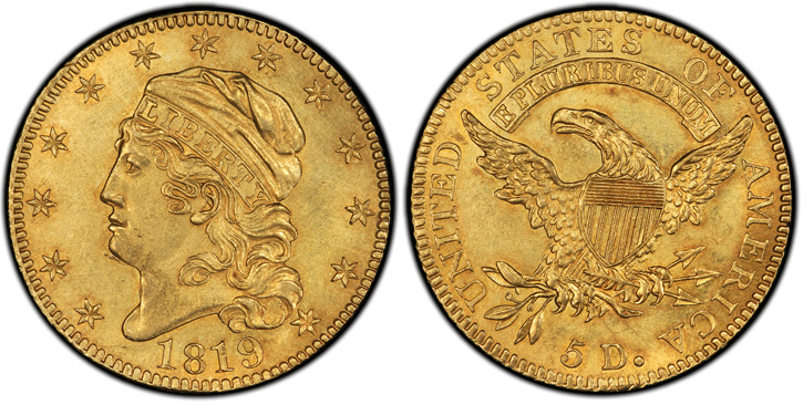 1819 Capped Head Left Half Eagle. BD-2. MS-61 (PCGS).